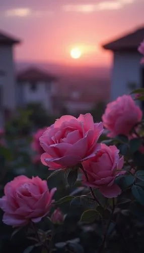 Photography, pink rose flowers in the twilight, glowing, tile houses in the background, very beautiful


,some pink roses are blooming at sunset,flower in sunset,landscape rose,blooming roses,romantic