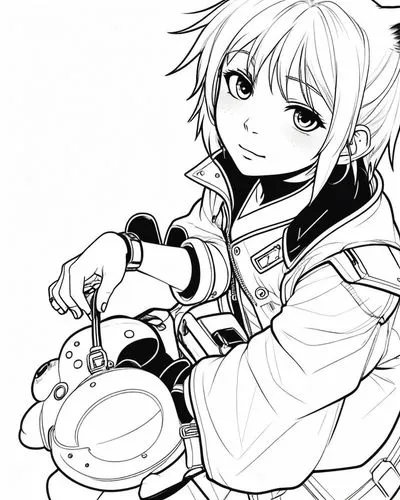 Minimalist anime character, realistic human proportions, boyish haircut. Cat ears, upturned nose, round face. Cyberpunk outfit. "Akira Kazama" influence.,a coloring page with anime character,line art,