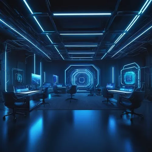 Futuristic ai system architecture, complex circuitry, neon lights, metallic structures, holographic displays, sleek glass surfaces, minimalist modern interior, high-tech laboratory setting, robotic ar