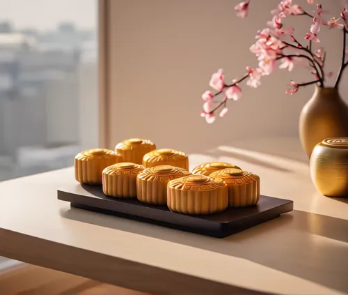 Real photoshoot taken in a minimalist japanesestyle bright office with mooncake on the table.The overall color scheme is soft and brightchampagne, with professional studio lightingcreating strong ight