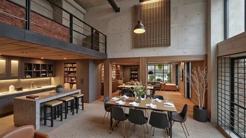 Modern and industrial interior space. The design incorporates exposed materials such as raw concrete on walls and ceilings, red brick on an accent wall, structural steel beams and columns, and wooden 