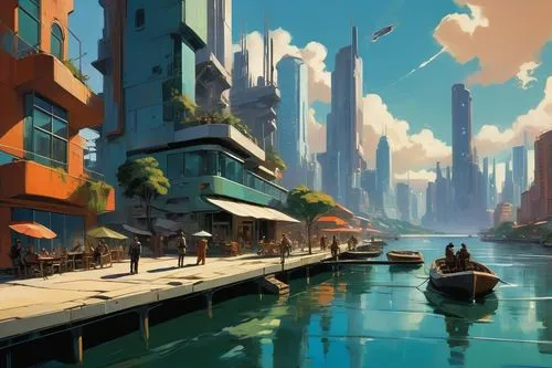  Game Scene, Wild angle view  Game Scene, Wild angle view a beautiful utopia  futuristic city, on the lake shore, modern  buildings,the water has boats floating in it near some buildings,futuristic la