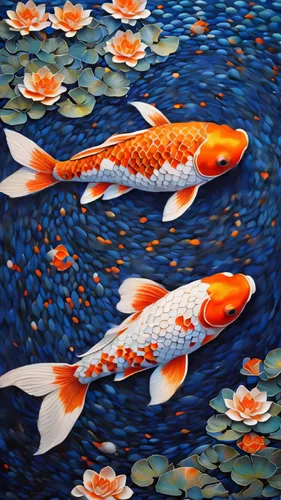 A koi fish, its scales a mosaic of orange and white dots, appearing to swim across a canvas of deep blue dotted waves, infinite reflection ,koi fish,koi carp,koi pond,koi carps,koi,ornamental fish,bro