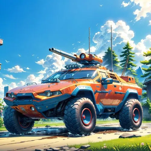 armored car， Japanese Anime, Makoto Shinkai Style,garrison,uaz,subaru rex,overland,onrush,open hunting car,off-road vehicle,game car,tankettes,hanomag,new vehicle,off-road car,heliborne,off road vehic