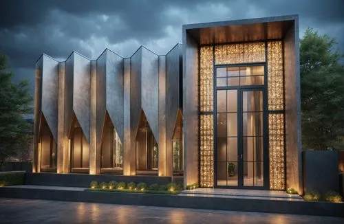 marquee exterior design,a rendering of a building with windows and lots of lights,glass facade,modern architecture,metal cladding,facade panels,wooden facade,contemporary,9 11 memorial,modern house,ho
