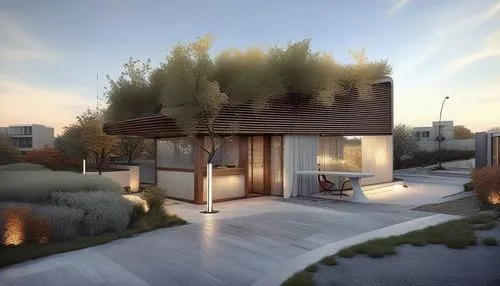 this is a po of a backyard with a covered in trees,inverted cottage,modern house,wooden house,renders,residential house,small house,timber house,mid century house,grass roof,summer house,small cabin,c
