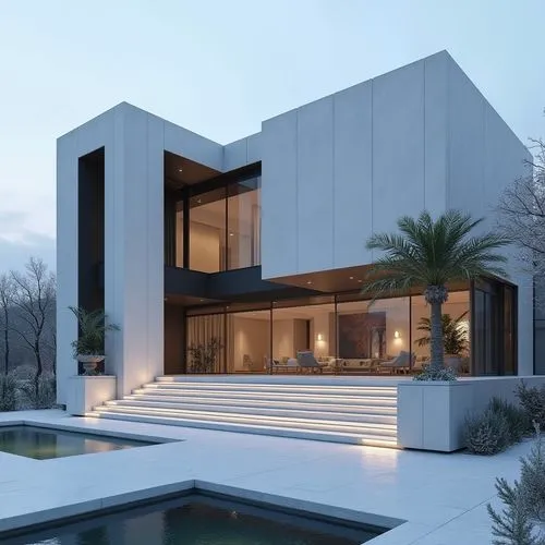 A hyper-realistic, high-resolution architectural photograph capturing a grand, ultra-modern luxury mansion at twilight. The building’s façade is composed of smooth white stone panels contrasted with s