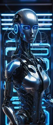 AI robot, futuristic laboratory, sci-fi background, sleek metallic body, glowing blue circuits, intricate mechanical details, neon lights, wires, motherboard, CPU, robotic eyes, shiny surface, high-te