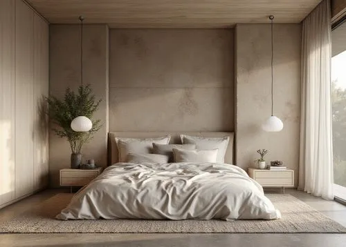 A modern bedroom with a raw stone accent wall, soft neutral bedding, and minimalist decor, featuring a sculptural white pendant light, large glass windows with sheer curtains, and earthy tones, creati
