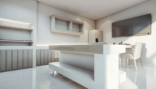 a white kitchen counter sitting under a tv on top of a shelf,modern kitchen interior,kitchen design,modern minimalist bathroom,modern minimalist kitchen,modern kitchen,kitchenette,search interior solu