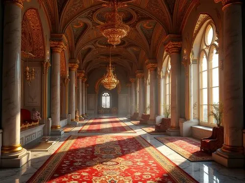 Intricate mosaics, golden accents, ornate chandeliers, richly patterned rugs, opulent furnishings, lavish drapery, marble columns, gilded frames, luxurious fabrics, Byzantine-inspired motifs, vaulted 