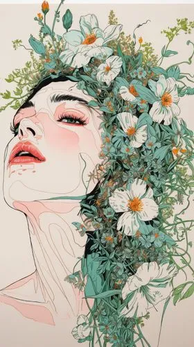 a woman covered with flowers,girl in flowers,falling flowers,blooming wreath,flora,kahila garland-lily,floral background,chamomile,bloom,flower and bird illustration,flower nectar,wildflower,dry bloom