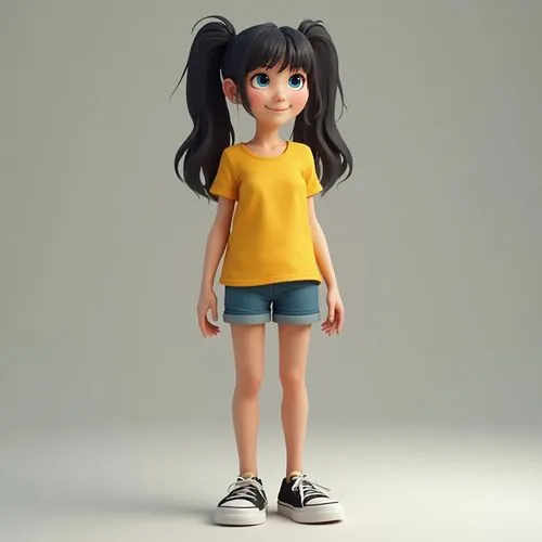 3-d cartoon image of a yang Western European girl with blue eyes full-length with long black straight hair wearing a yellow t-shirt, blue shorts and black sneakers,cartoon girl poses for the camera wi