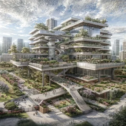 A beautifully landscaped building,futuristic architecture,singapore,eco-construction,chinese architecture,urban design,futuristic landscape,eco hotel,barangaroo,gardens by the bay,urban development,ki