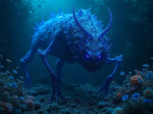 monster,dark flowers,blue,underwater,a weird creature with blue eyes walking through corals,sea devil,kermadec,abyssal,deepsea,deep sea,water creature