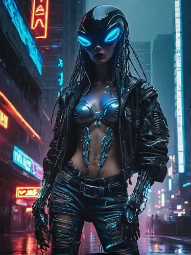 Wildstyle generator, futuristic cyberpunk, neon lights, sleek metal, holographic screens, wires, circuits, robotic limbs, glowing blue eyes, black leather jacket, ripped jeans, heavy boots, metallic a