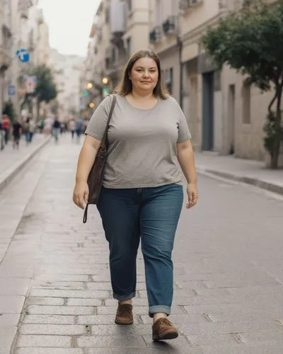 eine 23 jährige durchnittliche übergewichtige griechin in landestypischer Freizeitkleidung in einer mittelgroßen stadt in griechenland. komplett angezogen,a woman walking down a sidewalk in a city,wom