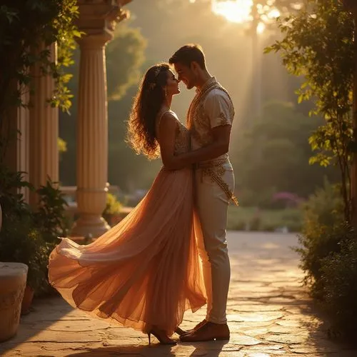 princess and prince dancing in delight,the two people are wearing formal attire and standing near each other,vintage couple silhouette,romantic scene,romantic portrait,romantic look,loving couple sunr
