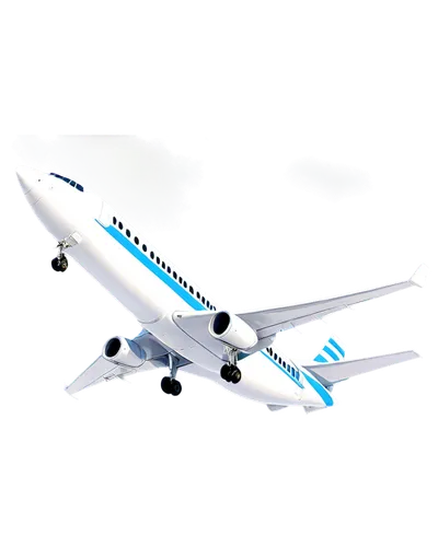 Clipart style, jet airliner, white body, blue stripes, cockpit windows, engines on wings, flaps down, landing gear visible, shiny metallic surface, soft clouds background, 3/4 composition, low angle s