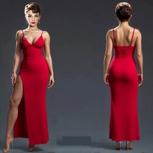 INSERT THE NICE EARRINGS ON THE EAR AND NICE NECKLALE ON THE NECK PERFECTLY. DO IT IN FRONT AND BACK VIEW.,two women in dresses with one with a slited back,man in red dress,dress form,girl in red dres