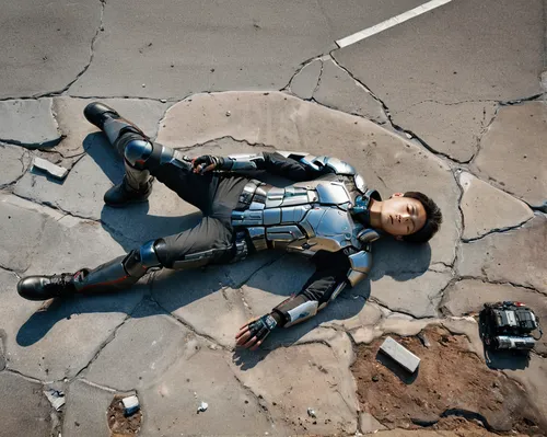 a man that is laying down on the ground, digital art inspired by Joong Keun Lee, tumblr, digital art, movie still of a cool cyborg, siwoo kim, cyborg fashion shot, fashion male model, dynamic movement