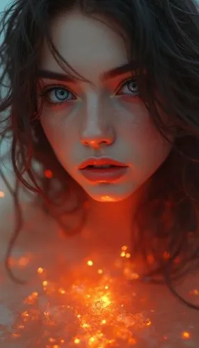 A stunning digital artwork: a woman, with red and orange, long brown hair, a black belly button, and an ethereal body of water. Her face, a study in light, is set on a foot, surrounded by a symphony o