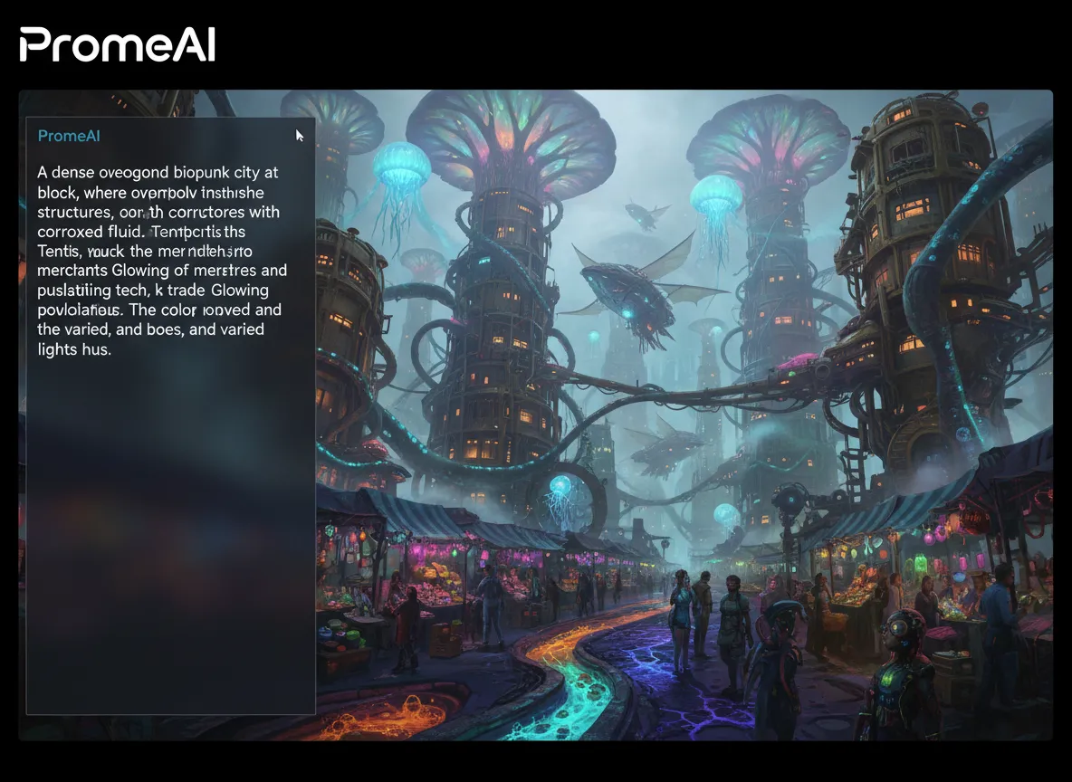 Eine PromeAI-Benutzeroberfläche, die einen Text-Prompt für eine Biopunk-Szene neben dem resultierenden Bild zeigt.