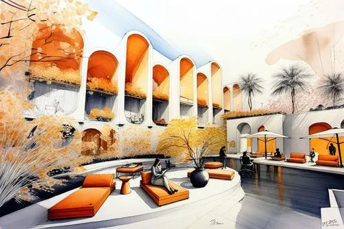 a painting of a lobby with orange and white furniture,hotel riviera,school design,renders,redevelopment,souks,search interior solutions,futuristic art museum,futuristic architecture,hotel complex,loun