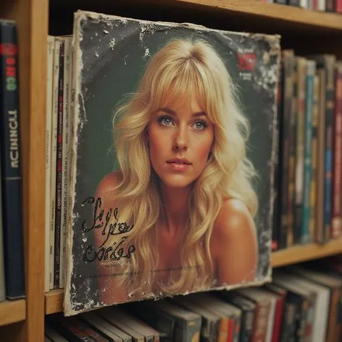 a sign advertising dvd's is sitting on books,videodiscs,vinyl record,blank vinyl record jacket,videodisc,vinyl records,vinyl player,vinyl,blonde woman,the blonde in the river,record store,blond girl,b