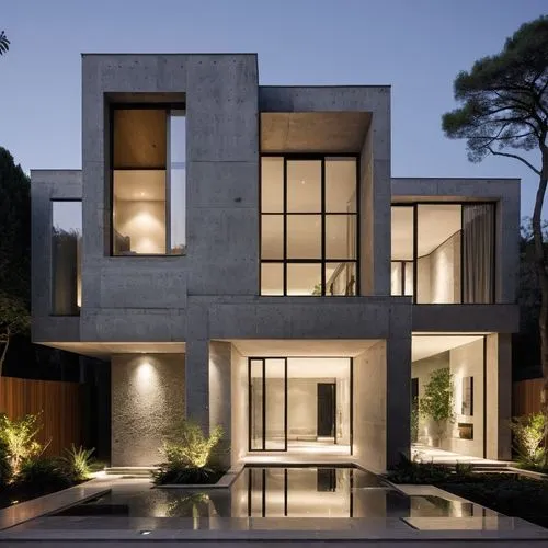 Modern building facade design with concrete and black stone, featuring large glass windows and enhanced by nighttime lighting. The exterior includes white and gray stone paving, lush gardens filled wi