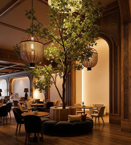 A sophisticated café with a grand indoor tree as its centerpiece, surrounded by circular seating. The space features high ceilings, classic arches, and luxurious pendant lights. ,a large dining room w