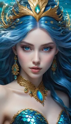 Portrait of a stunning ocean-themed fantasy character with long, flowing blue hair and vibrant blue eyes. She has an ethereal, mystical look, with shimmering makeup and a serene expression. Her hair i