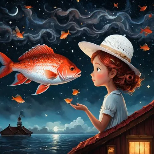 A detailed digital illustration of a great red fish in the night sky. The focal point is the large brown scales of the fish, with the human hand on the roof and the woman who wears a white hat sitting