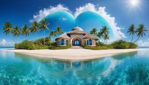 Una preciosa villa tropical con entrada y ventanas en forma de corazón, situada en una playa rodeada de flores. Cielos azules, un hermoso día de verano, palmeras y agua que brilla bajo el sol.,an isla