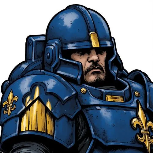 Manga style:

I am Indycatalan, 37 years old man and 1.60m tall.
I am clad in Warhammer 40k Space Marine armor with the helmet. The outfit is royal blue and golden yellow. A golden fleur-de-lis symbol