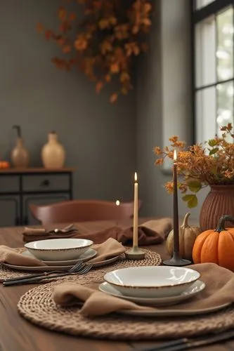 (magazine editorial layout:1.3), moodboard, interior design, home decor, fall vibe, autumn, ultra realistic, close shot, harvest season decor, minimalist ,a place setting with candles and vases in the