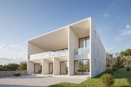 A photo-realistic rendering of a modern, minimalist house with a minimalist design. the house is situated on a hillside, with a stone wall on the right side and a grassy area on the left. the building