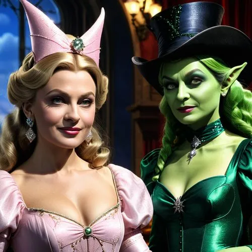 Glinda and Elphaba,a man and woman wearing costume and makeup in front of a castle,sorceresses,stepsisters,damsels,sarah walker,elves,bewitched,burlesques,beauty icons,poehler,operettas,vintage fairie