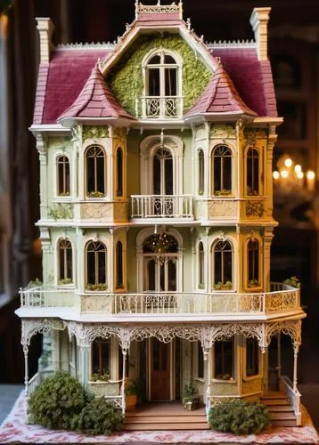 Miniature dollhouse, 1/16 scale, intricate details, Victorian-style, ornate facade, delicate balconies, lace-like railings, tiny windows, flower-patterned curtains, porcelain roof tiles, ivy-covered w