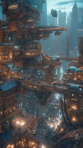 Steampunk New York megacity,destroyed city,harbour city,valerian,ancient city,metropolis,apiarium,futuristic landscape,imperial shores,fantasy city,the hive,mining facility,fractal environment,terrafo