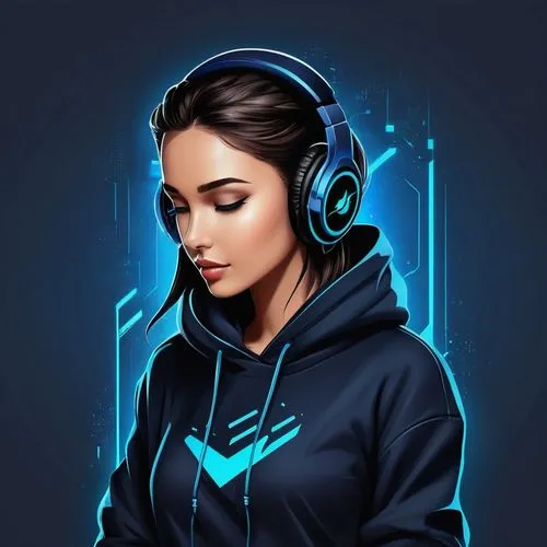 girl with black colour hoodie with dark blue neon light details , headphone , gaming logo,vector art,vector illustration,headset profile,headset,spotify icon,listening to music,edit icon,music backgro