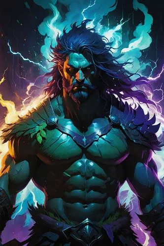  ,a man with long hair, wearing green and purple clothing,barbarian,god of thunder,wind warrior,brute,thrall,elemental,minotaur,marauder,sea god,volt,thunderer,valor,shaman,hairier,thornier,indomitabl