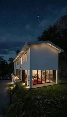 crea un hiper lapse de la noche al dia, con un movimineto cinematico de izquierda a dercha, respeta la arquitectura,teztras y colores,mid century house,dunes house,inverted cottage,holiday villa,prefa
