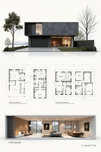 A professional architectural presentation board with a Pure background and a clean, minimalist design layout. The board includes:

Top Section: On the top left, a photorealistic render of a contempora