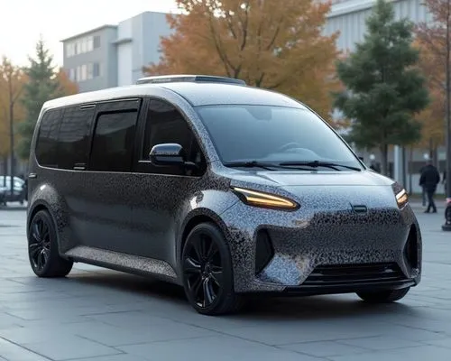 A high-performance electric urban van with carbon texture, the format is like a bus or a limousine, the vehicle is pure technological and a very futuristic design but their colors is textured with a m