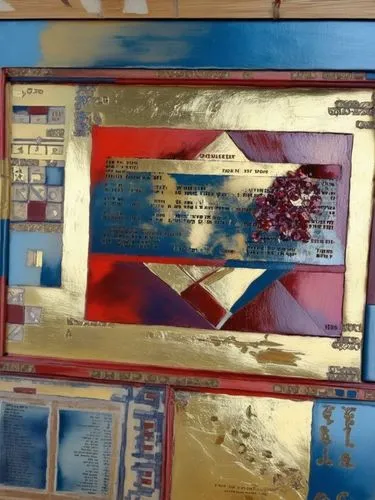 an old, worn picture frame with gold foil and a flower,fused glass,broken display,microfiche,computer screen,glass painting,computer art