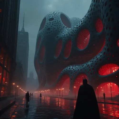 "Design a futuristic, unsettling building for Batman set in Gotham City at night, inspired by the architectural style of Zaha Hadid, with tripophobia as the core design element. The structure should f
