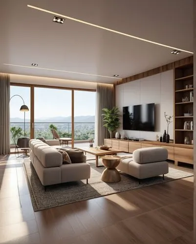 modern living room furniture in front of large windows with natural wood,modern living room,modern room,livingroom,living room,interior modern design,living room modern tv,home interior,penthouses,3d 