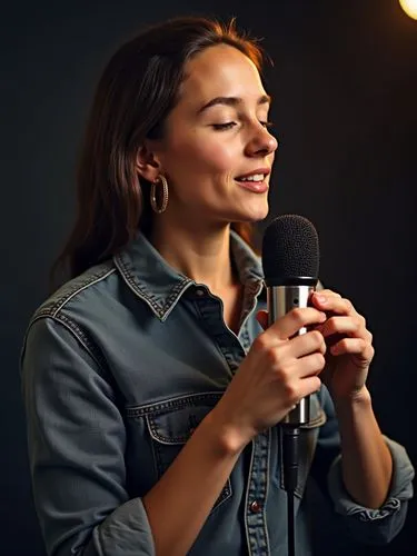 Girl in dad's shirt with microphone sings,woman in denim jacket holding microphone in front of her,student with mic,singing,microphone,vocal,handheld microphone,woman eating apple,mic,singer,to sing,w