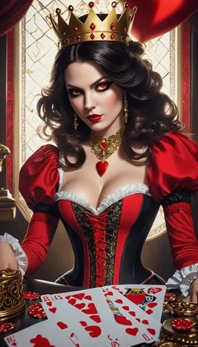 A beautiful woman with dark hair and red eyes, adorned with a golden crown and red heart-shaped makeup, stares intensely at the viewer with a hint of mischief. She is dressed in a red and black corset